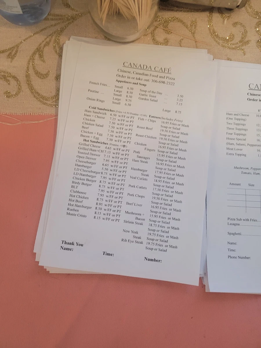 Menu, Canada Cafe