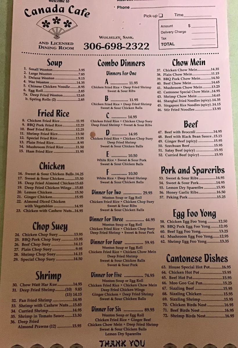 Menu, Canada Cafe