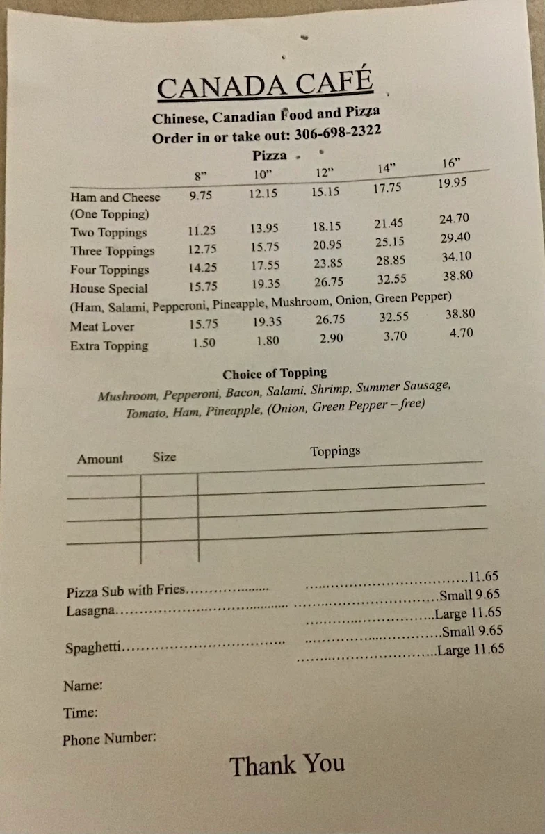 Menu, Canada Cafe