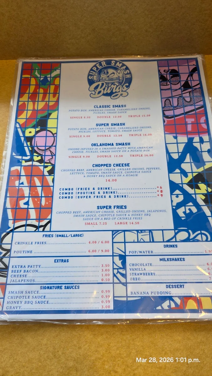 Menu, Super Smash Burgs – Markham