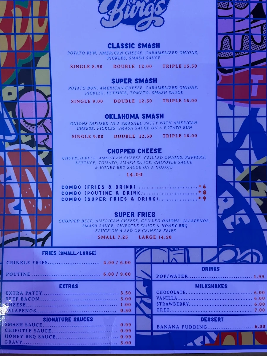 Menu, Super Smash Burgs – Markham