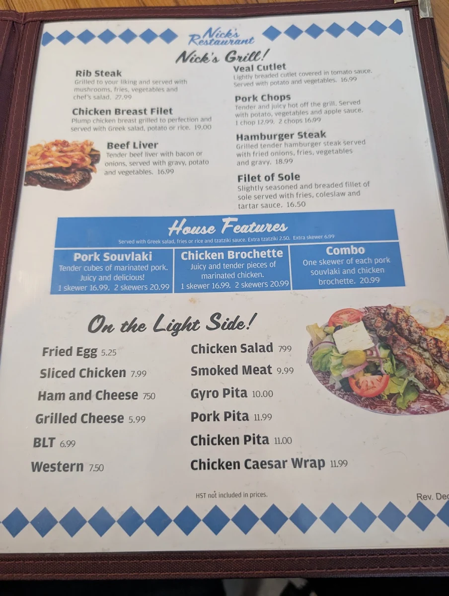 Menu, Nick's