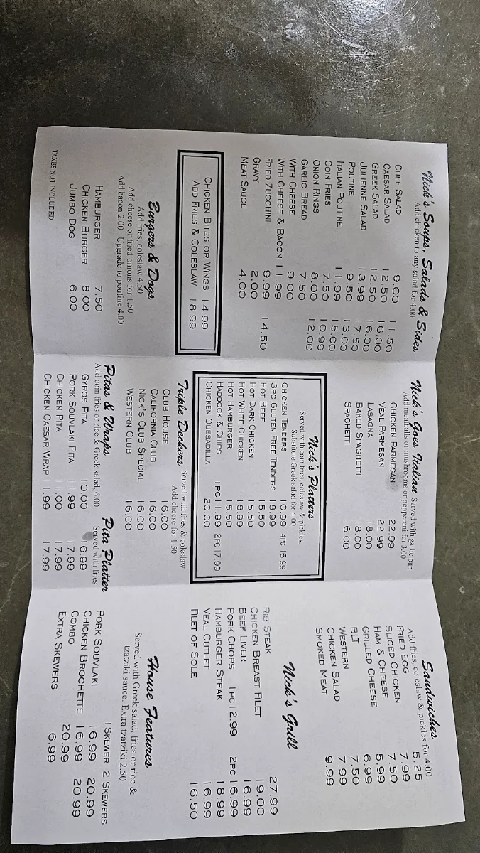 Menu, Nick's