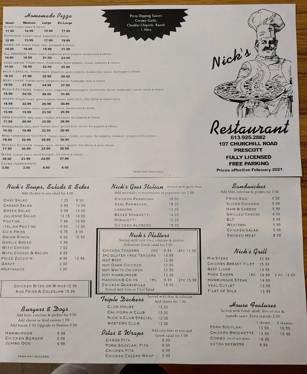 Menu, Nick's