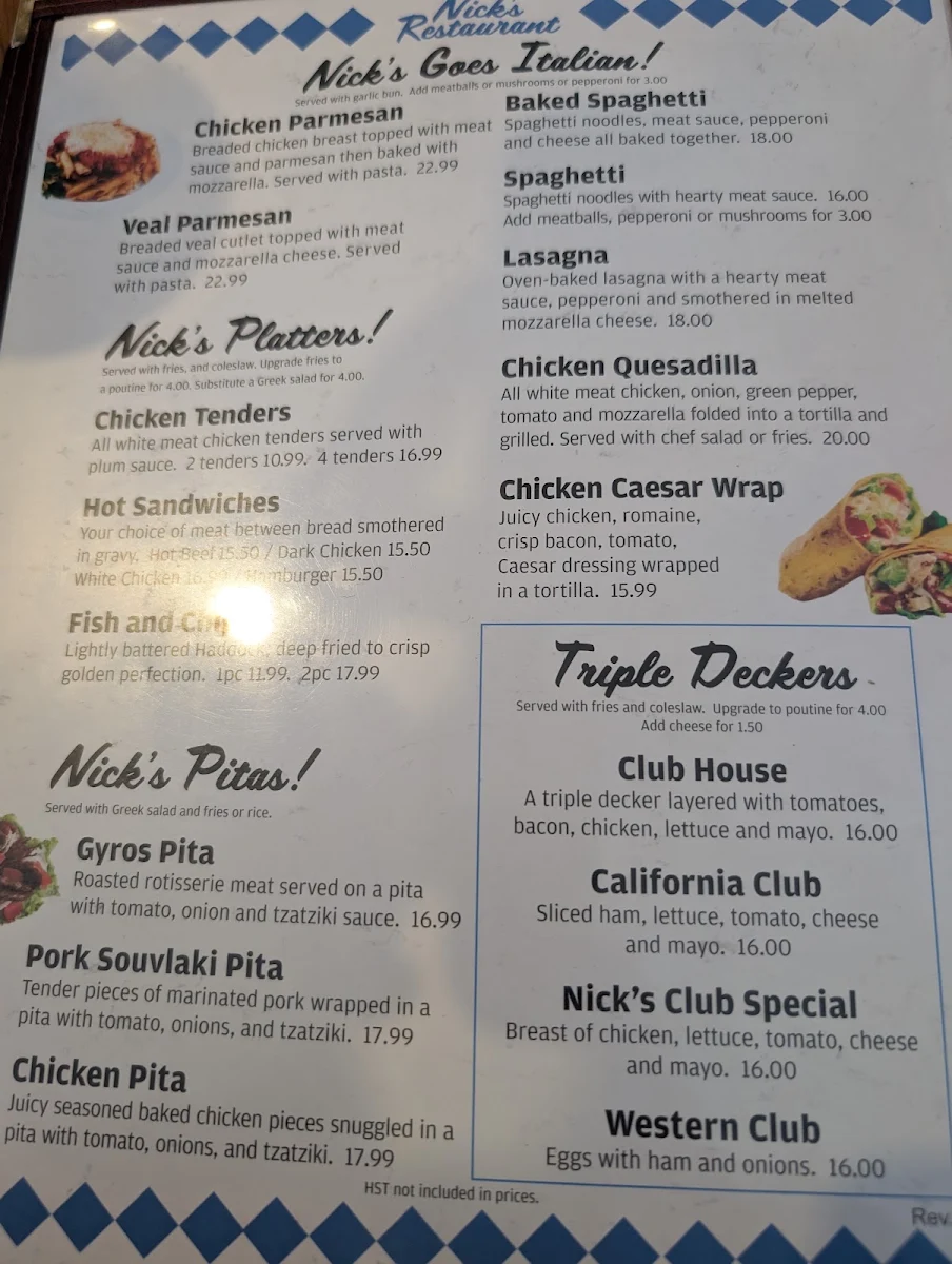 Menu, Nick's