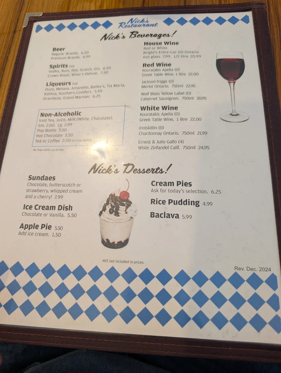 Menu, Nick's