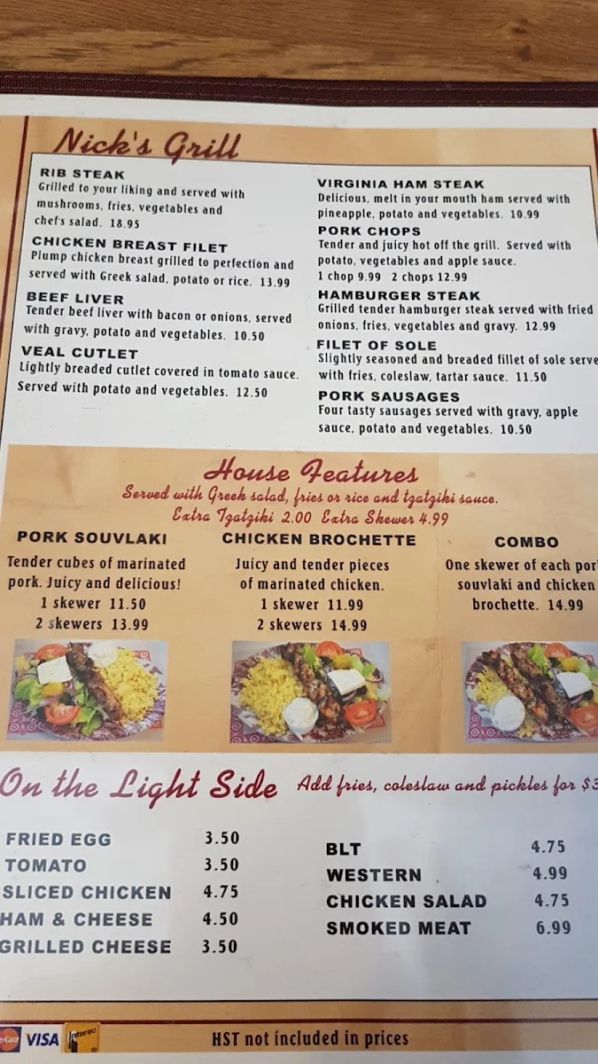 Menu, Nick's