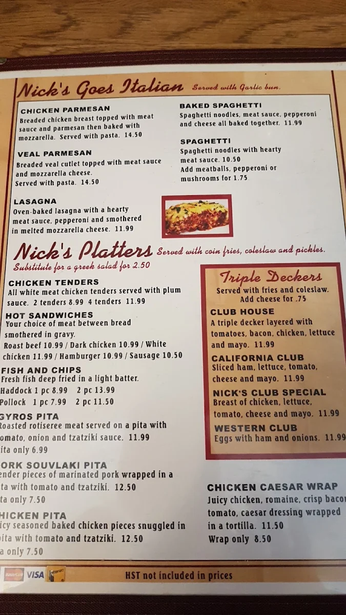 Menu, Nick's