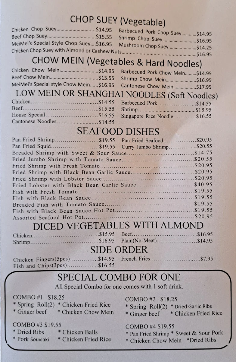 Menu, MeiMei Chinese Restaurant