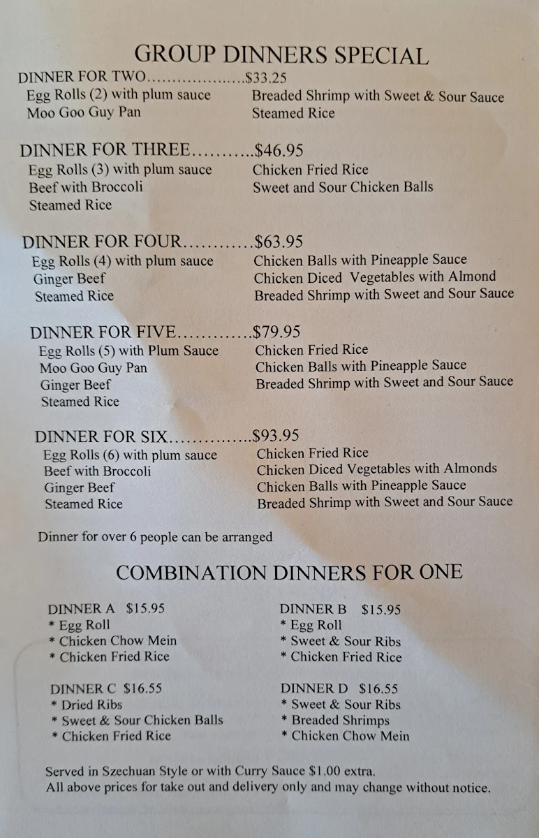 Menu, MeiMei Chinese Restaurant