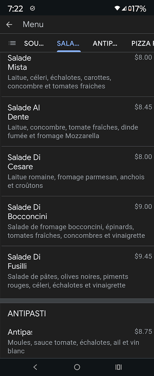Menu, Al Dente Trattoria