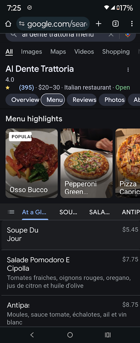 Menu, Al Dente Trattoria
