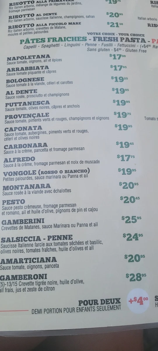 Menu, Al Dente Trattoria