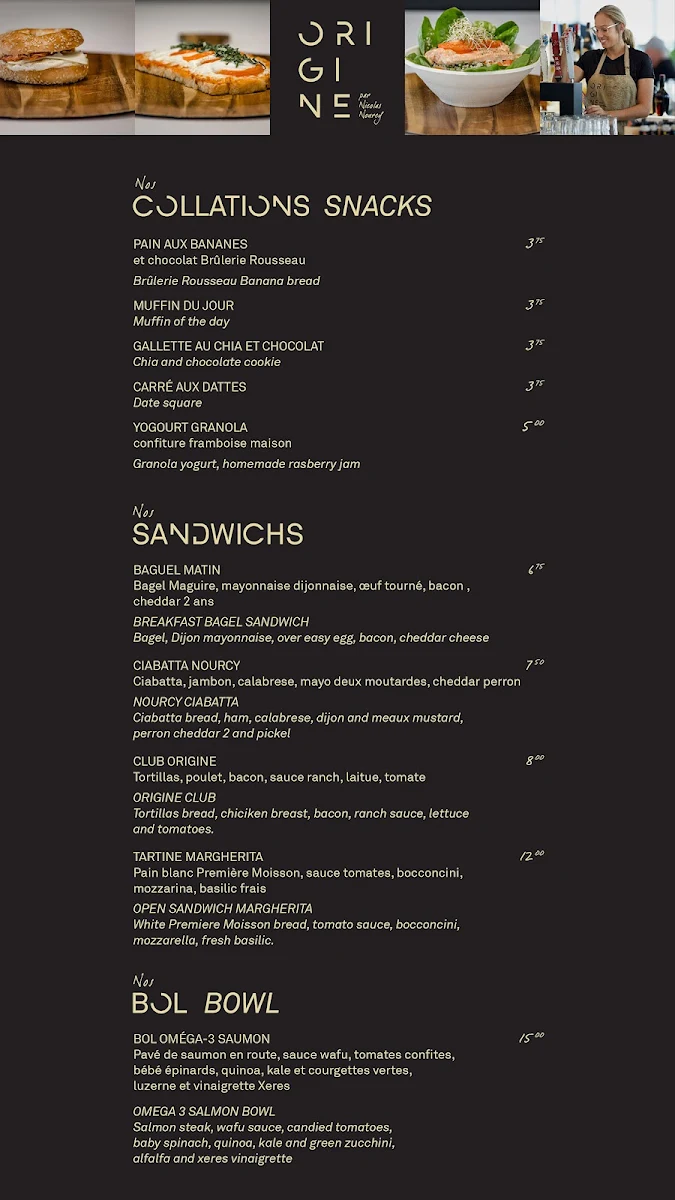 Menu, Origine Cafe