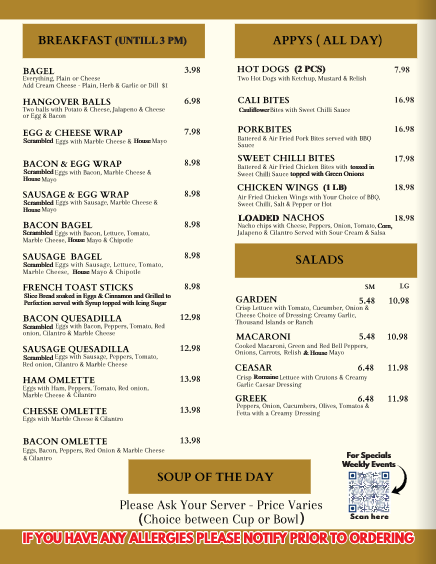 Menu, V Cafe