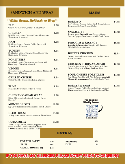 Menu, V Cafe