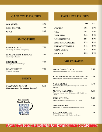 Menu, V Cafe