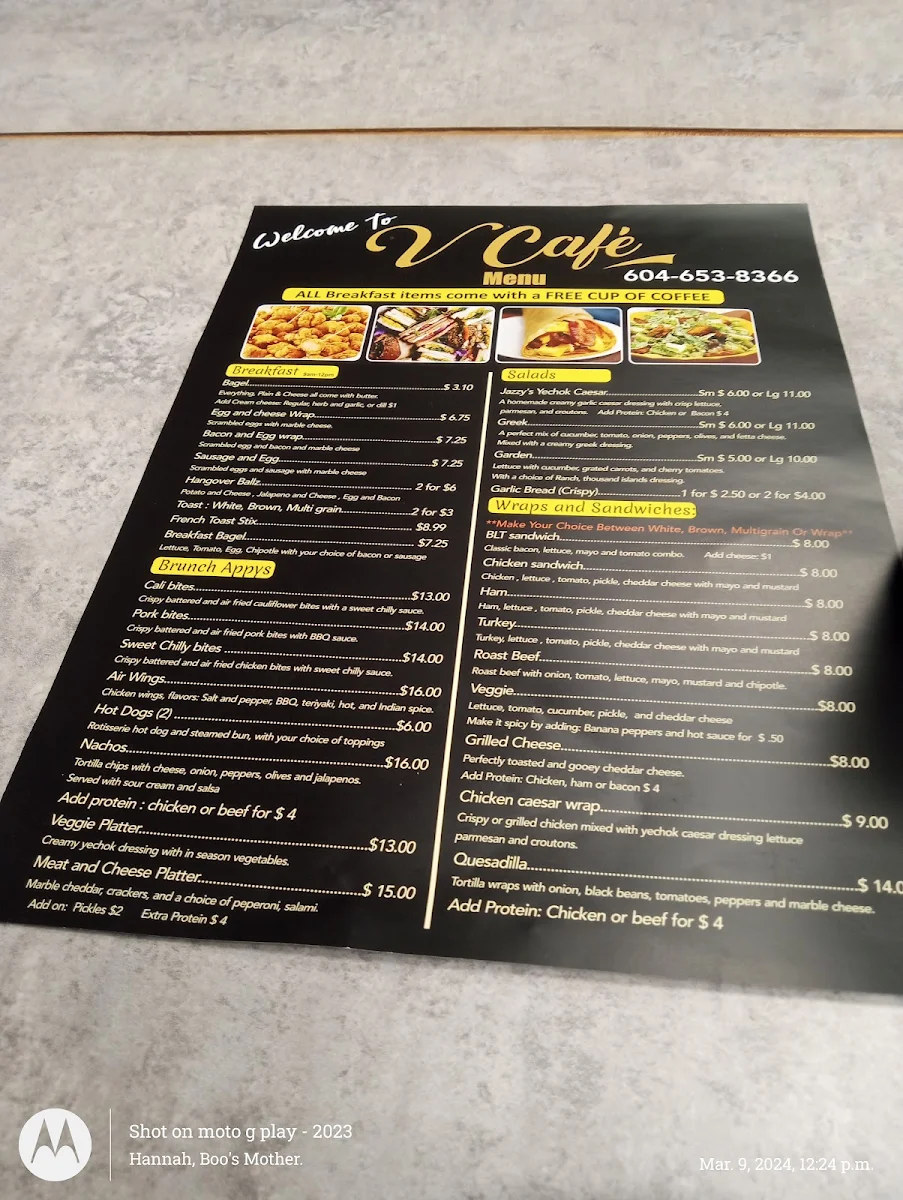 Menu, V Cafe