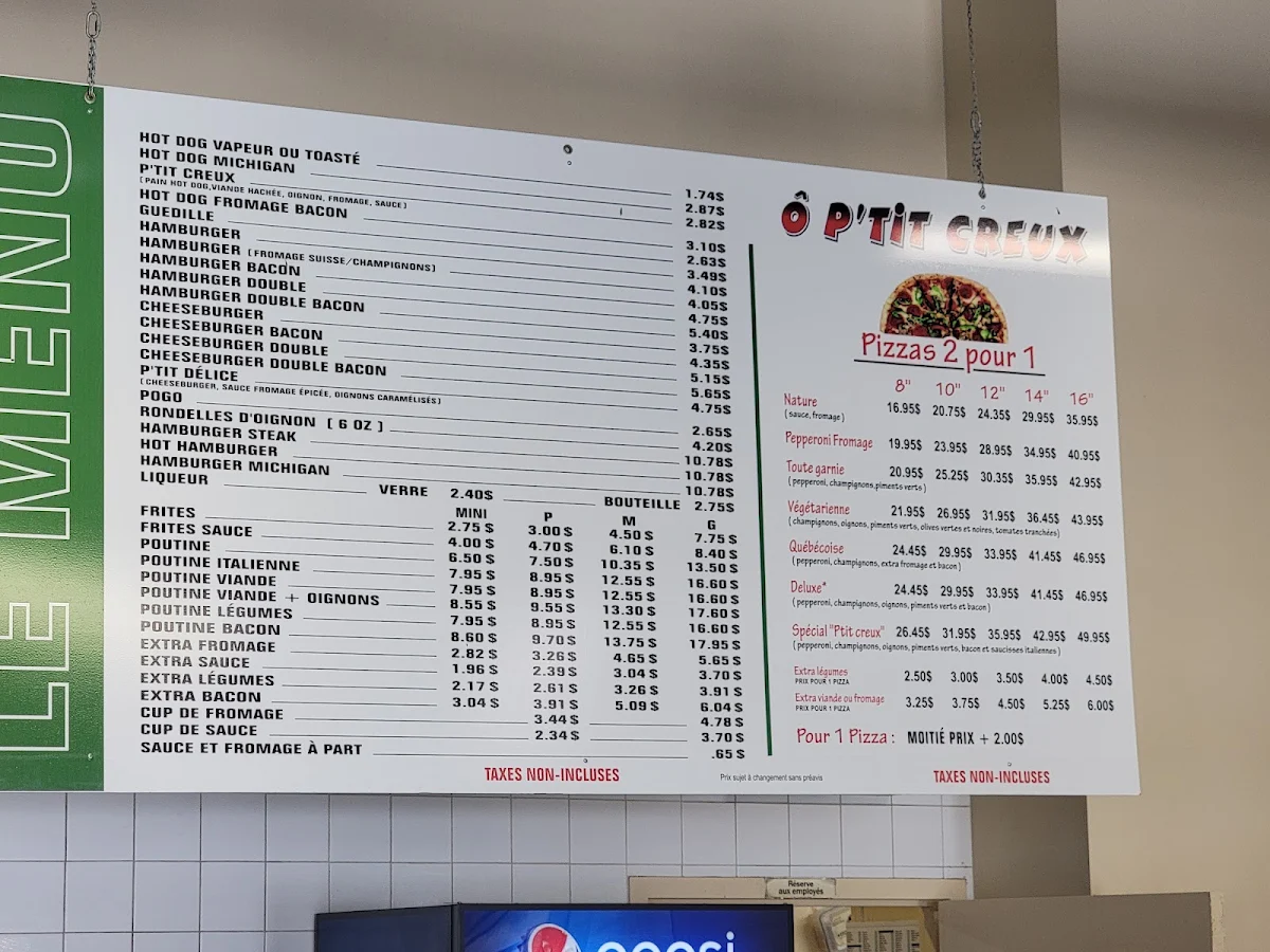 Menu, Cantine Ô P'tit Creux - Granby