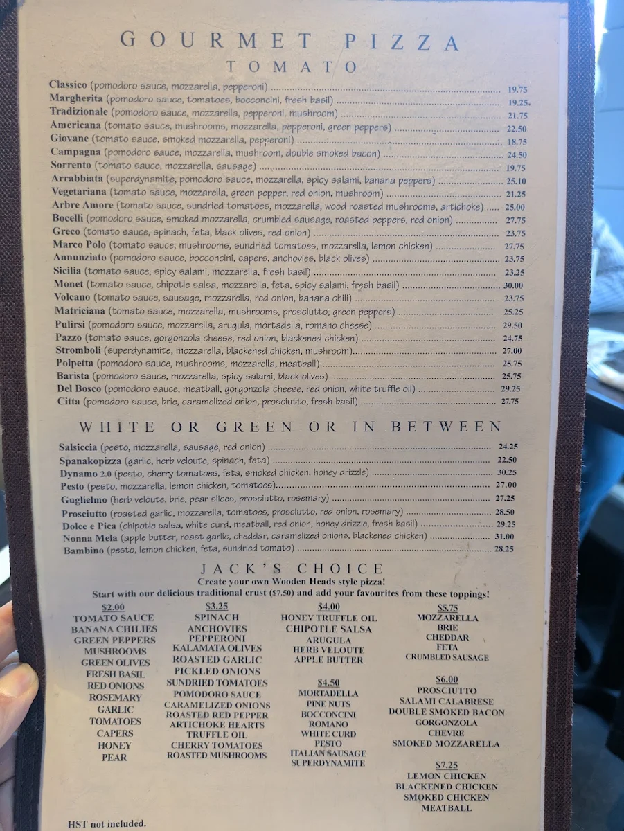 Menu, Wooden Heads Gourmet Pizza