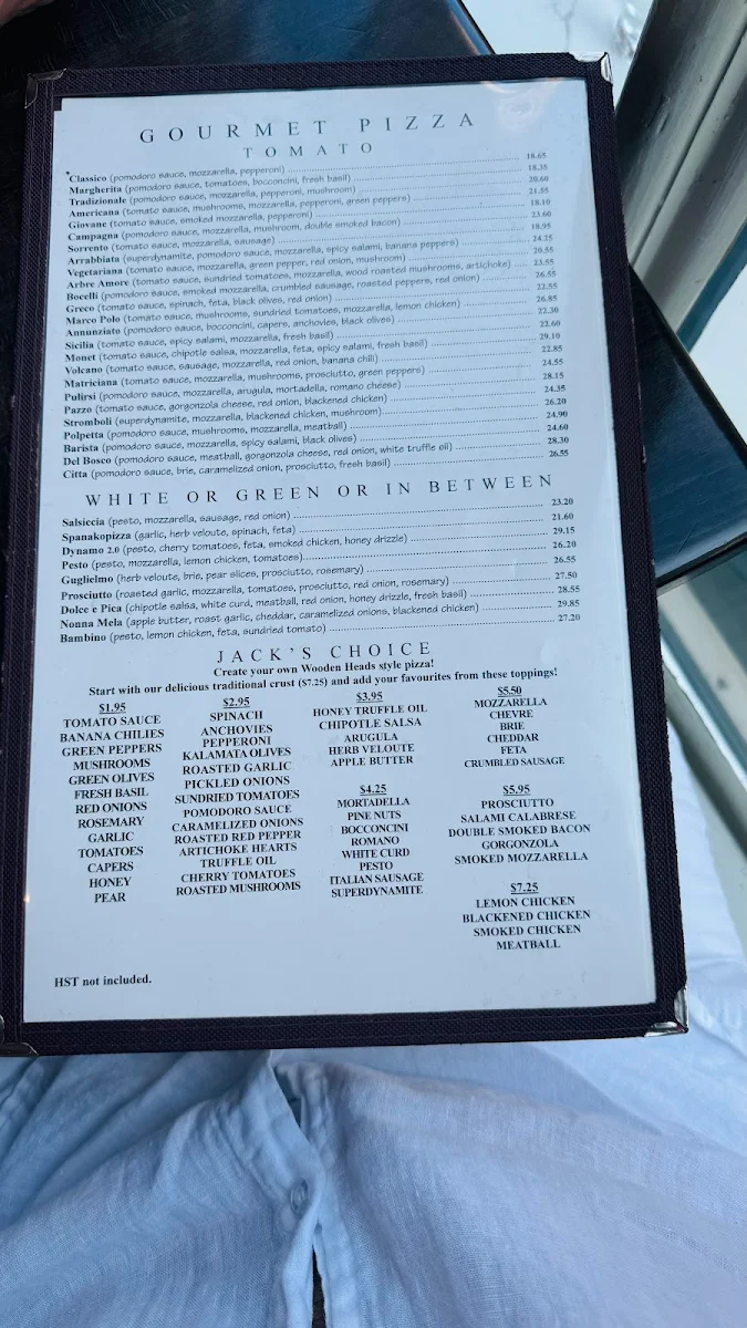 Menu, Wooden Heads Gourmet Pizza