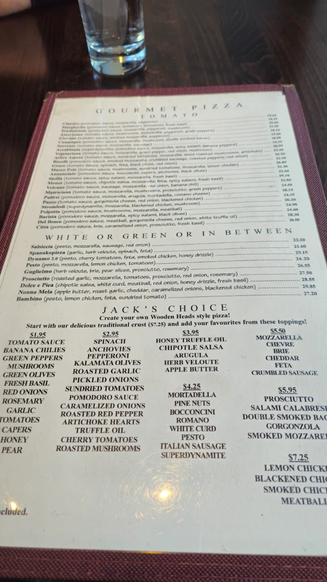 Menu, Wooden Heads Gourmet Pizza