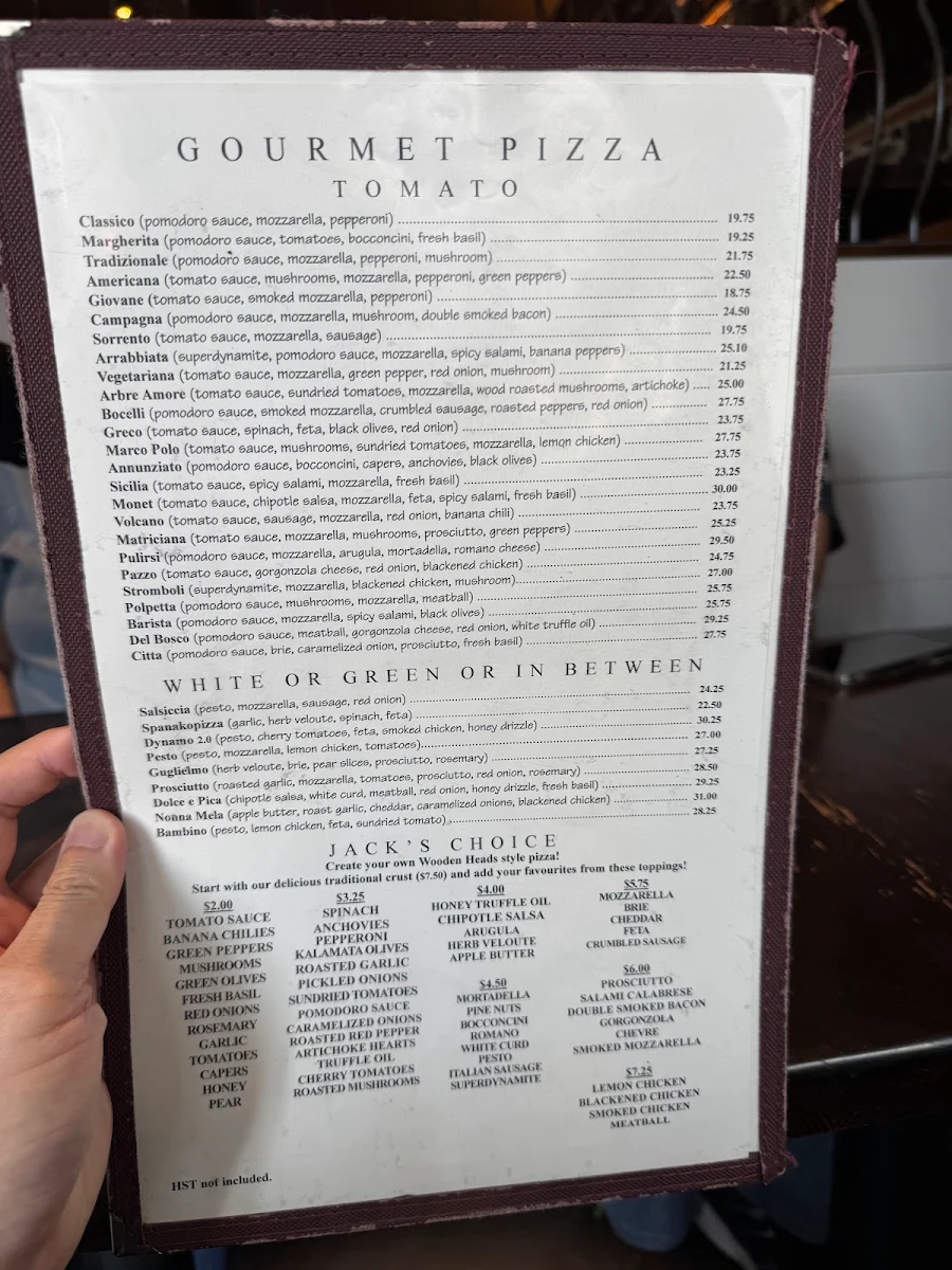 Menu, Wooden Heads Gourmet Pizza