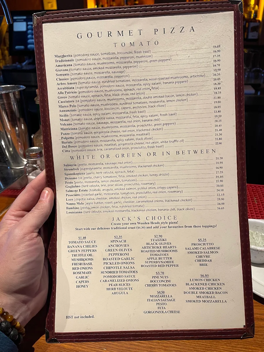 Menu, Wooden Heads Gourmet Pizza