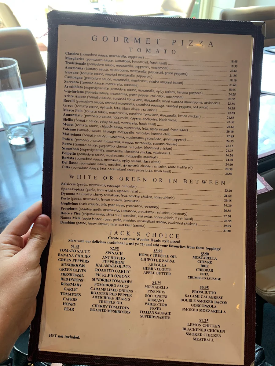 Menu, Wooden Heads Gourmet Pizza
