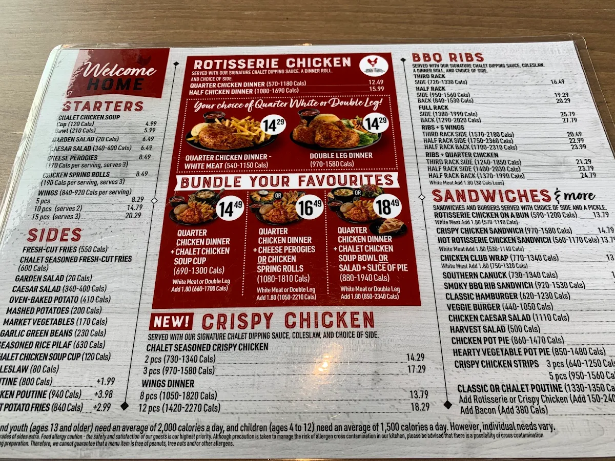 Menu, Swiss Chalet