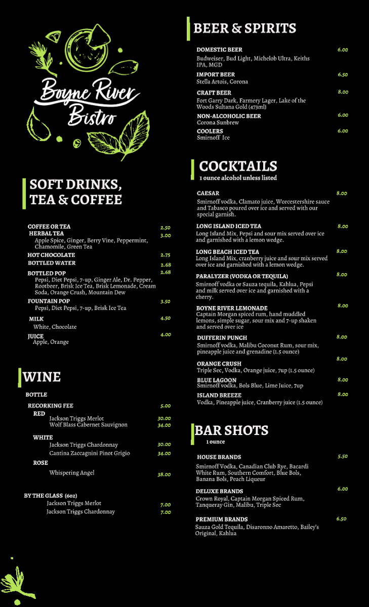 Menu, Boyne River Bistro