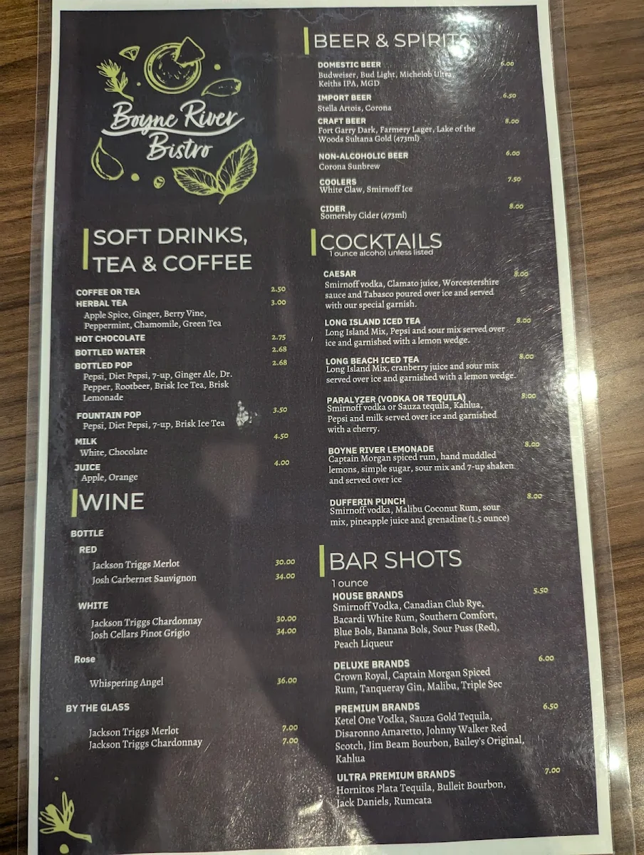 Menu, Boyne River Bistro