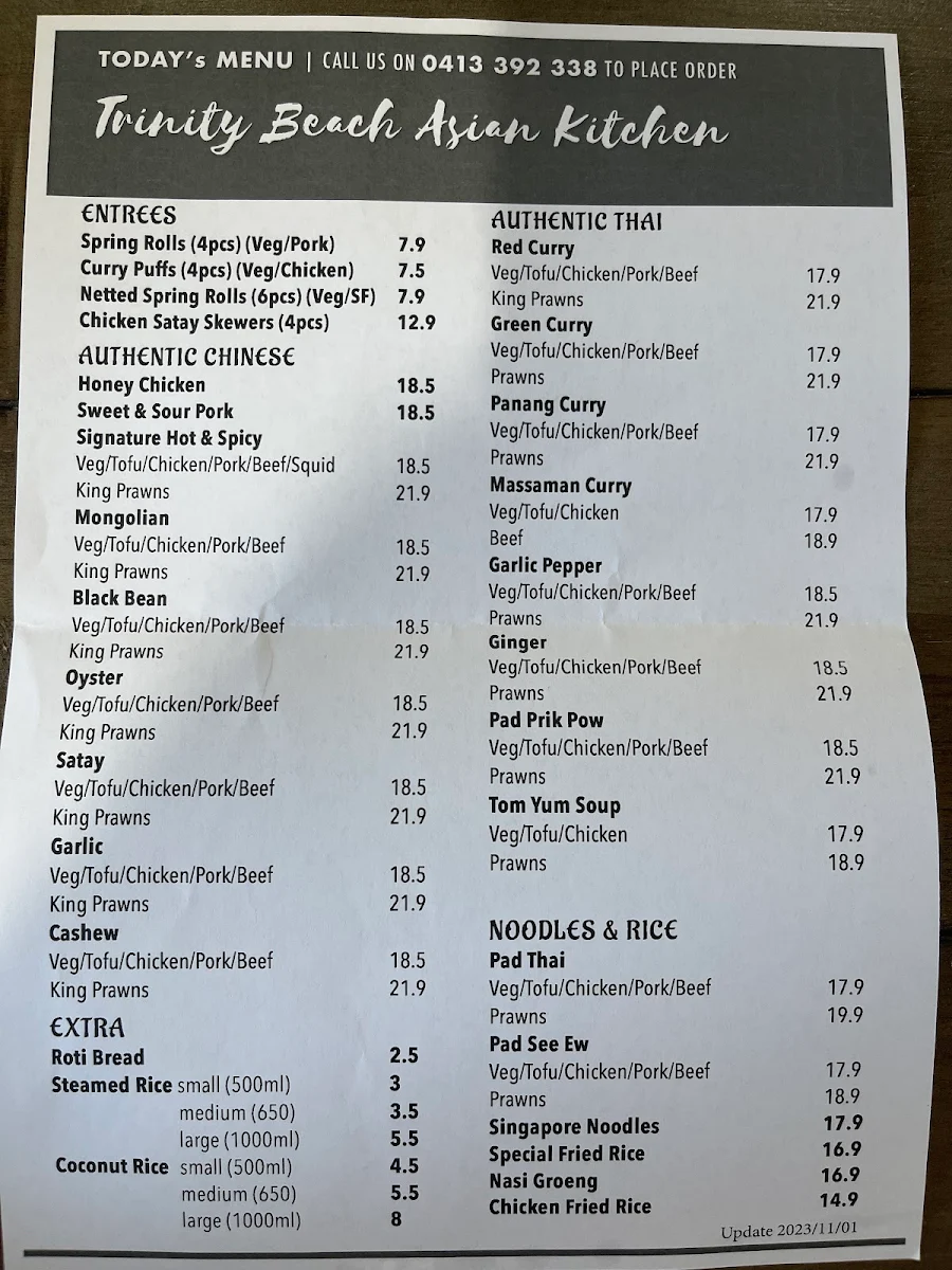 Menu, Trinity Beach Asian Kitchen