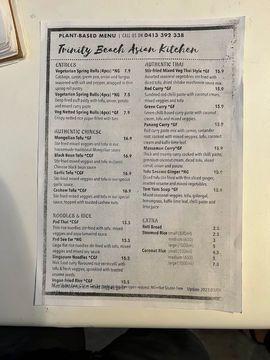 Menu, Trinity Beach Asian Kitchen