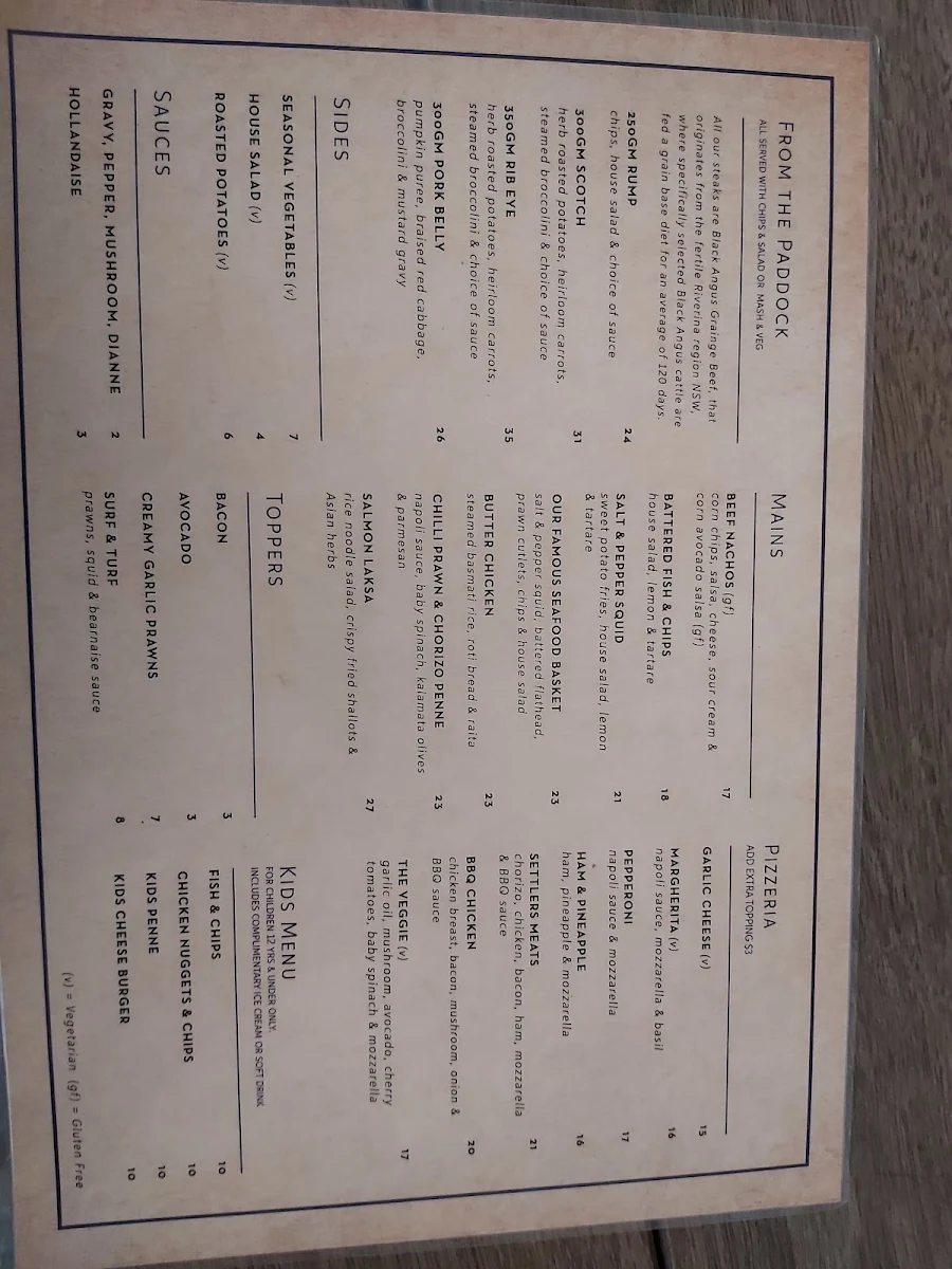 Menu, The Settler's Tavern