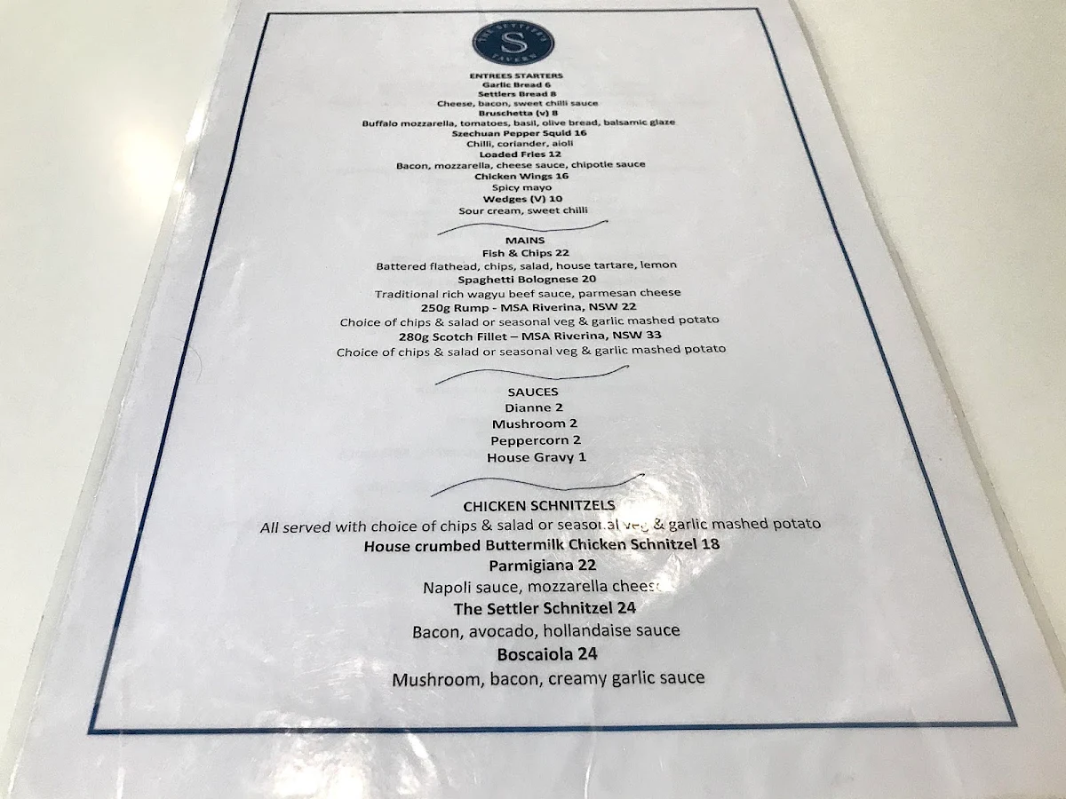 Menu, The Settler's Tavern