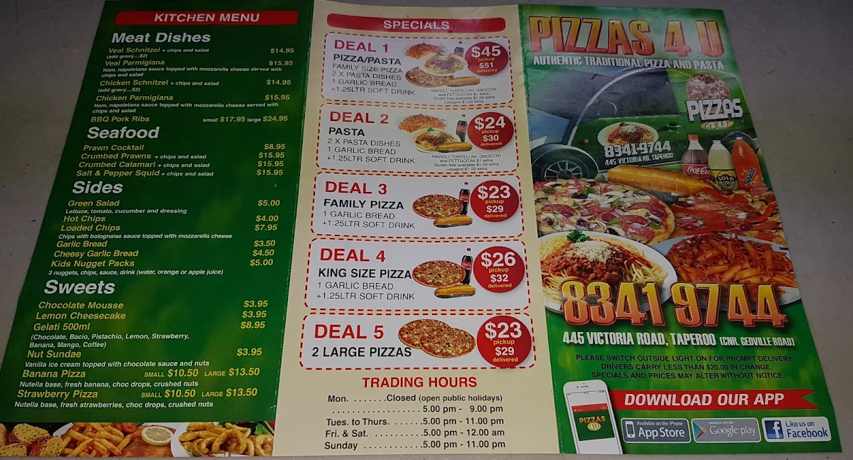 Menu, Pizzas 4 U