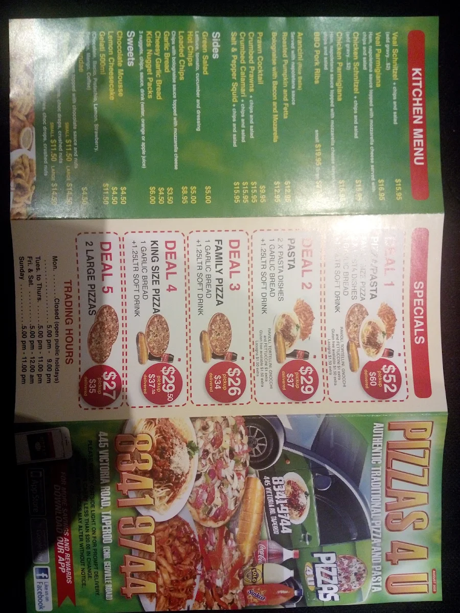 Menu, Pizzas 4 U