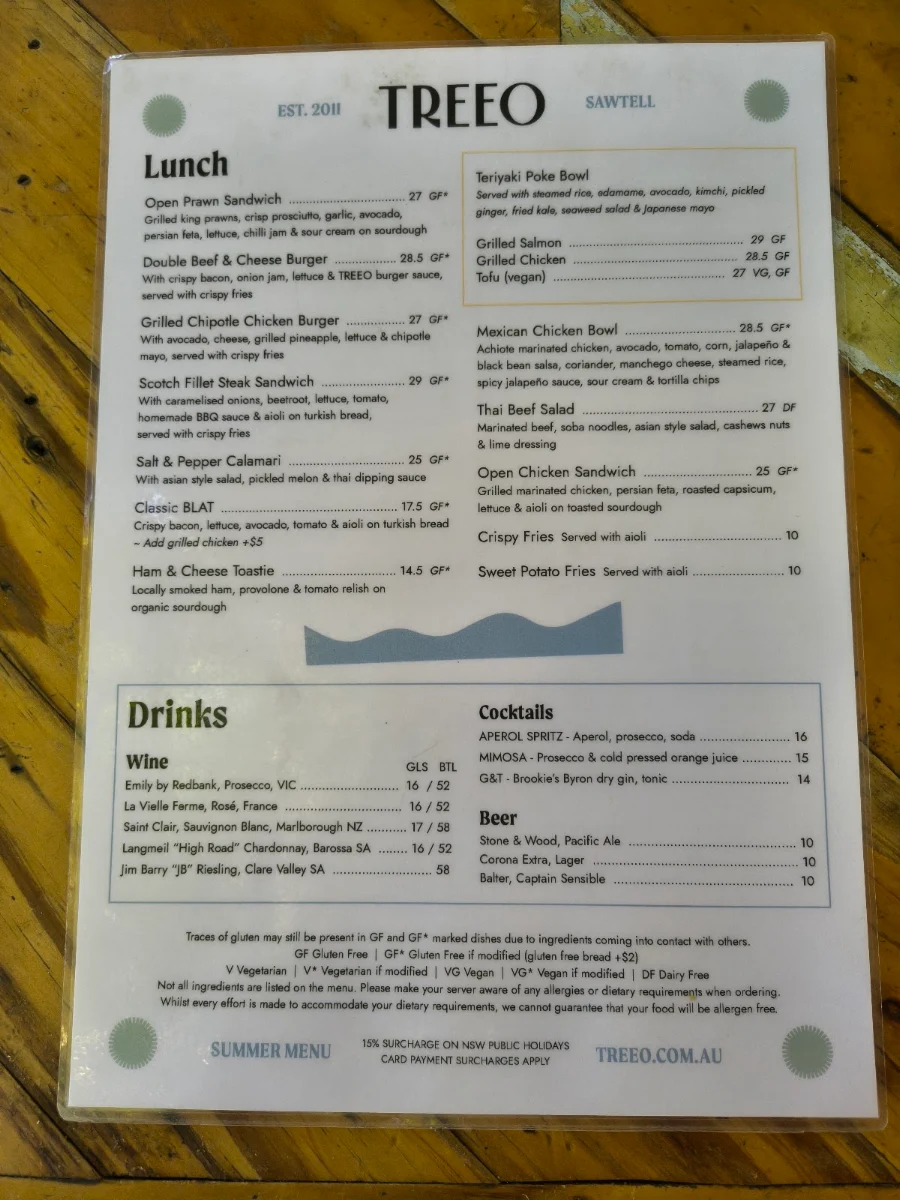 Menu, Cafe Treeo