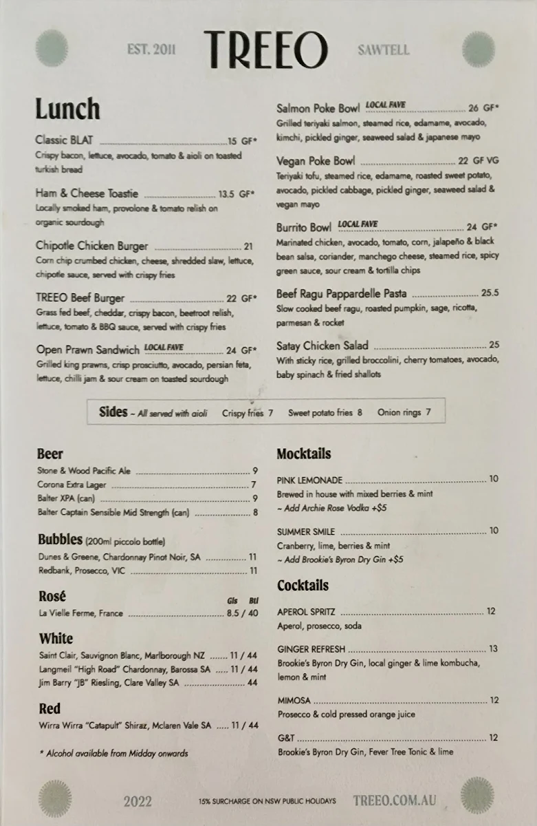 Menu, Cafe Treeo