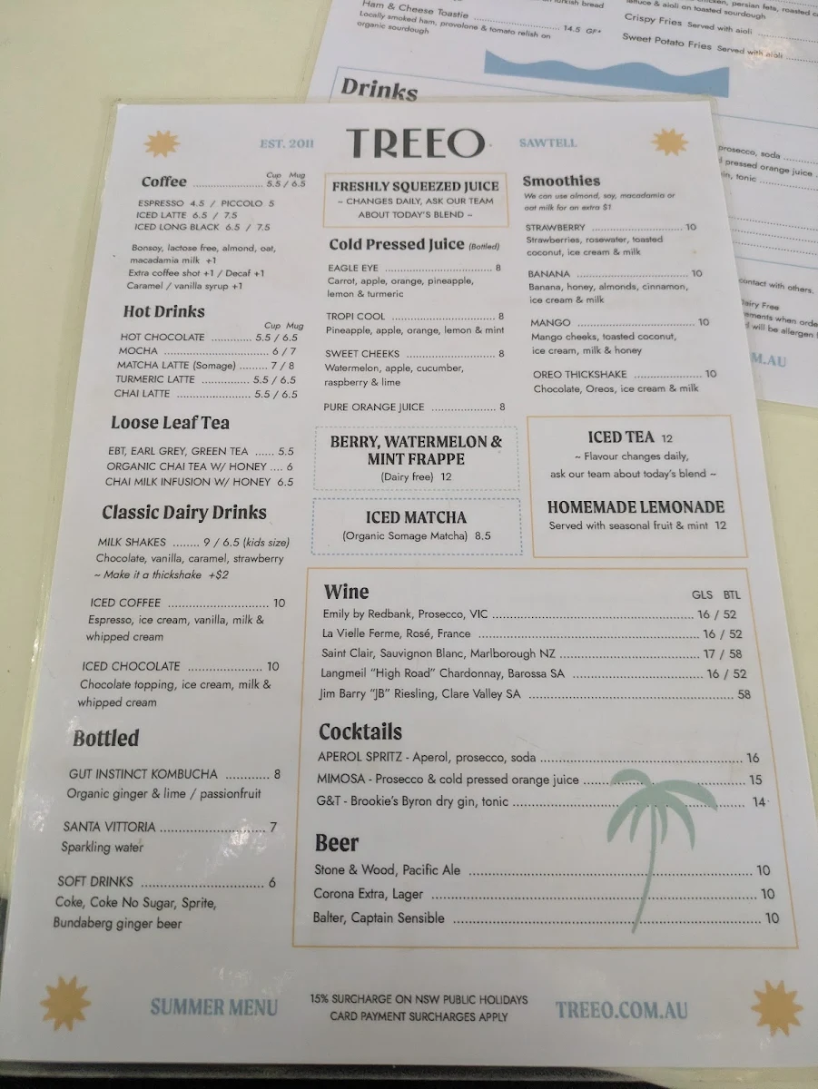 Menu, Cafe Treeo