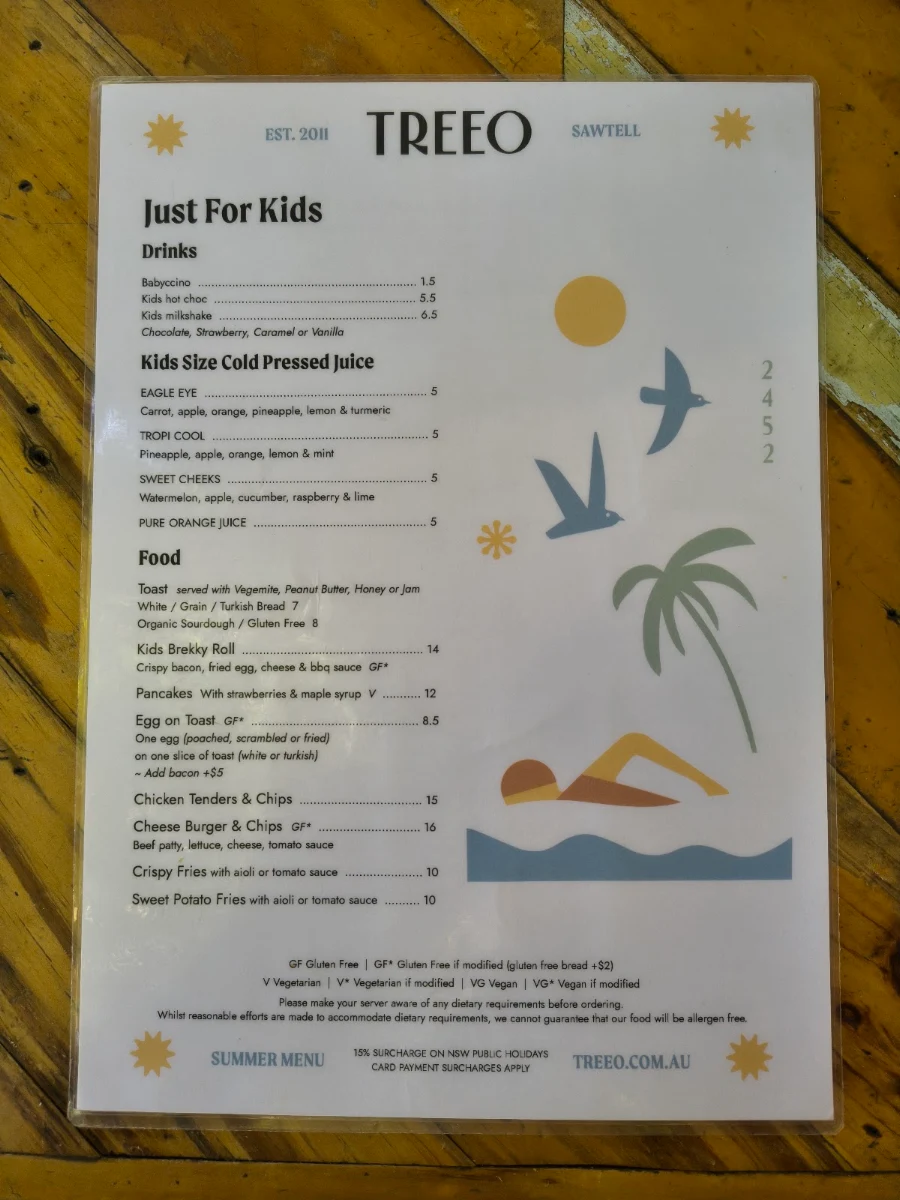 Menu, Cafe Treeo