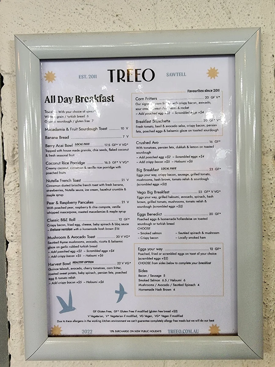 Menu, Cafe Treeo