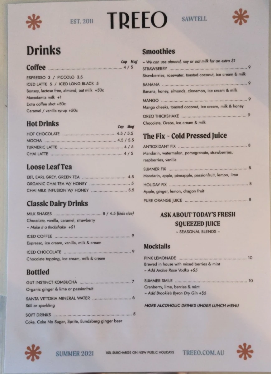 Menu, Cafe Treeo
