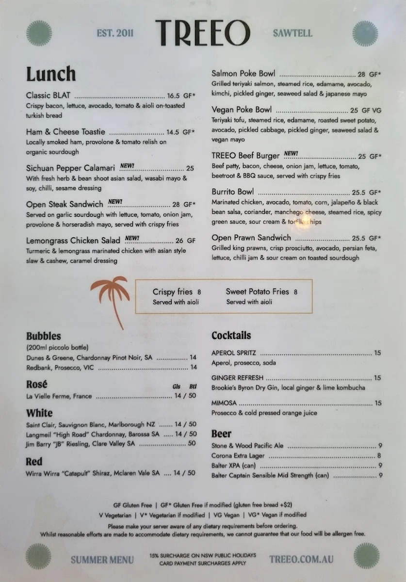 Menu, Cafe Treeo