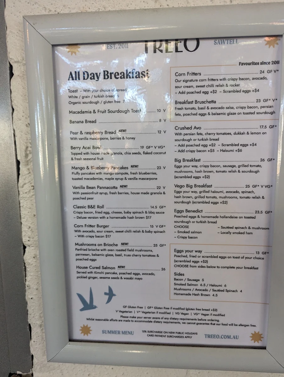 Menu, Cafe Treeo
