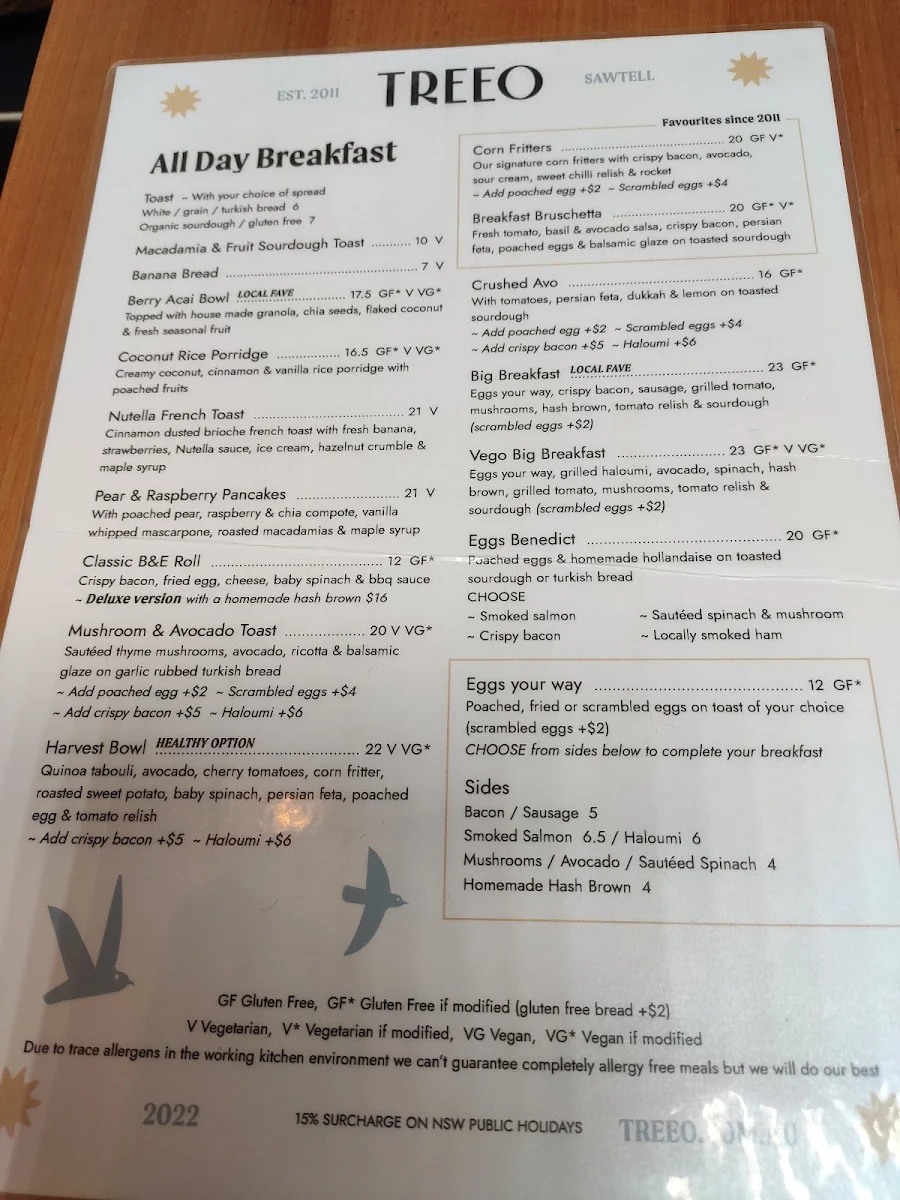 Menu, Cafe Treeo