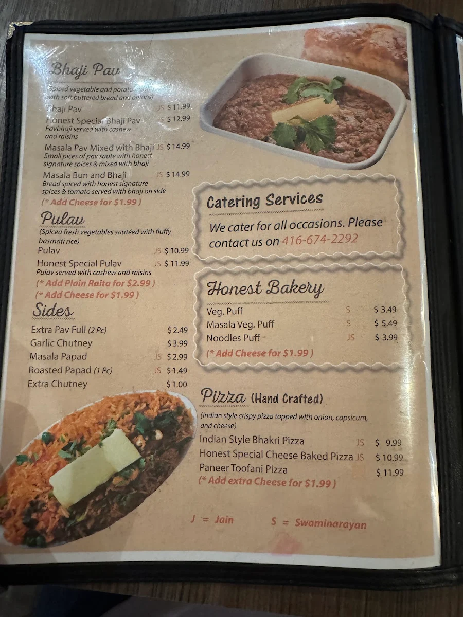Menu, Honest Restaurant Etobicoke