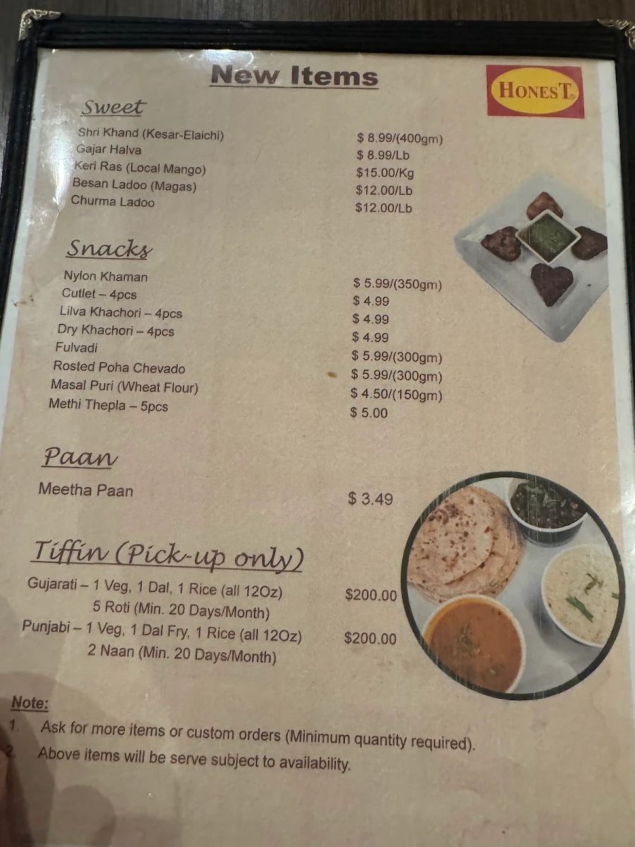 Menu, Honest Restaurant Etobicoke