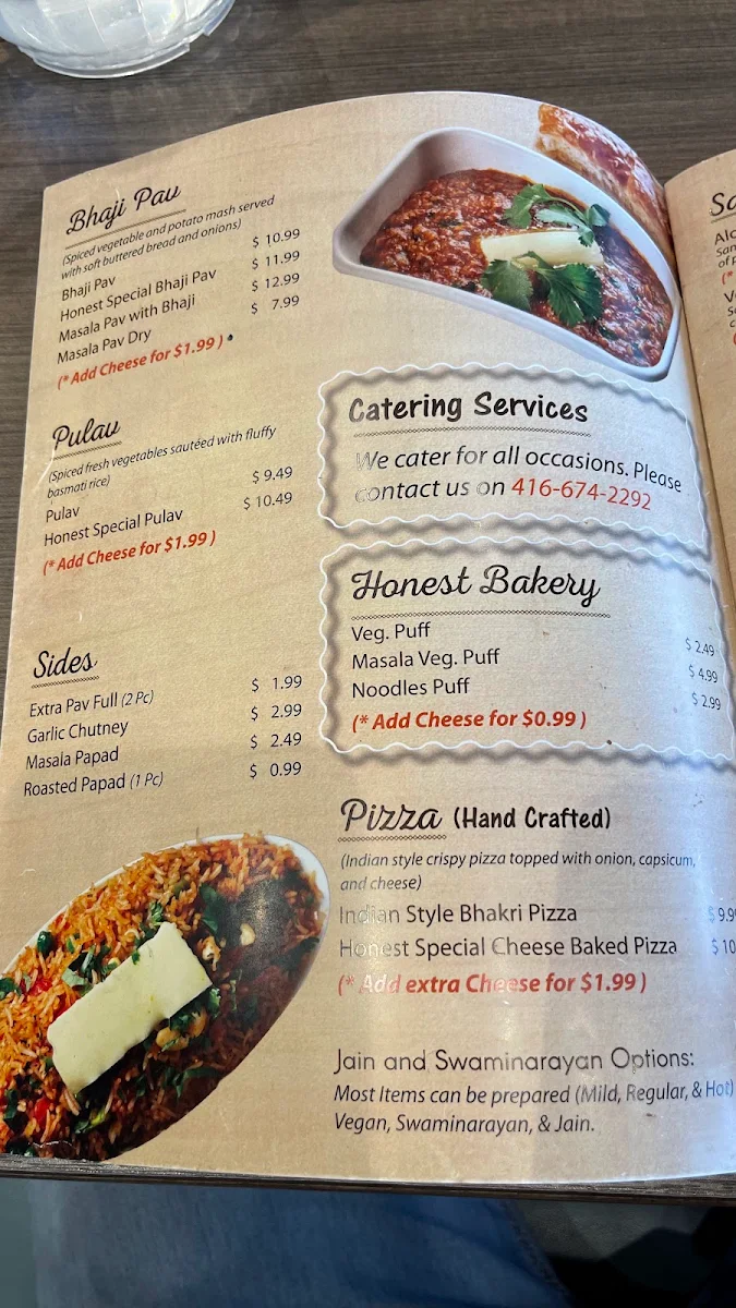 Menu, Honest Restaurant Etobicoke